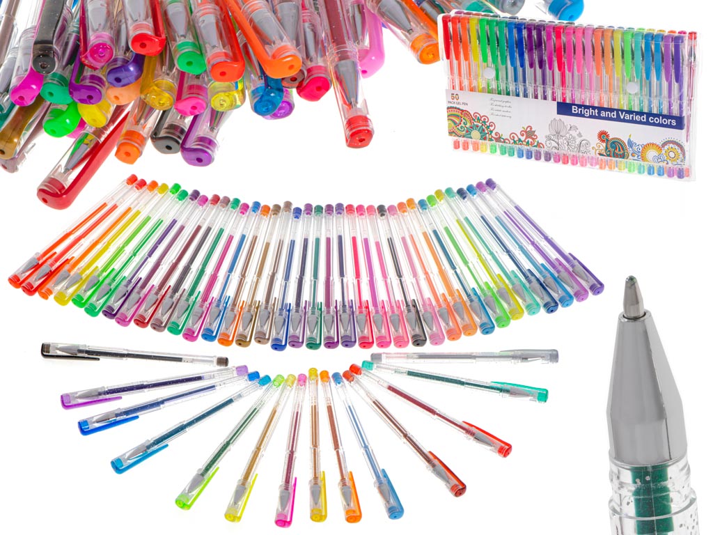 Set 50 de pixuri colorate, Zola®, cu gel, sclipici, metalice, pastelate si fluorescente Set 50 de pixuri colorate, Zola®, cu gel, sclipici, metalice, pastelate si fluorescente
